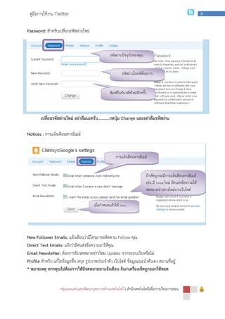 กลุ่มเผยแพร่และพัฒนาบุคลากรด้านเทคโนโลยี
คู่มือการใช้งาน Twitter
Password: สําหรับเปลี่ยนรหัสผ่านใหม่
เปลี่ยนรหัสผ่านใหม่ อย่าลืมนะครับ
Notices : การแจ้งเตือนทางอีเมล์
New Follower Emails: แจ้งเตือนว่ามีใครมาขอติดตาม
Direct Text Emails: แจ้งว่ามีคนส่งข้อความมาให้คุณ
Email Newsletter: ต้องการรับจดหมายข่าวใหม่
Profile สําหรับ แก้ไขข้อมูลชื่อ สกุล รูปภาพประจําตัว เว็บไซต์ ข้อมูลแนะนําตัวเอง สถานที่อย
* หมายเหตุ หากคุณไม่ต้องการให้มีจดหมายมาแจ้งเตือน ก็เอาเครื่องเช็คถูกออกให้หมด
กลุ่มเผยแพร่และพัฒนาบุคลากรด้านเทคโนโลยี | สํานักเทคโนโลยีเพื่อการเรียนการสอน
สําหรับเปลี่ยนรหัสผ่านใหม่
เปลี่ยนรหัสผ่านใหม่ อย่าลืมนะครับ...........กดปุ่ม Change และอย่าลืมรหัสผ่าน
แจ้งเตือนว่ามีใครมาขอติดตาม Follow คุณ
แจ้งว่ามีคนส่งข้อความมาให้คุณ
ต้องการรับจดหมายข่าวใหม่ Update จากระบบเว็บหรือไม่
สําหรับ แก้ไขข้อมูลชื่อ สกุล รูปภาพประจําตัว เว็บไซต์ ข้อมูลแนะนําตัวเอง สถานที่อย
หมายเหตุ หากคุณไม่ต้องการให้มีจดหมายมาแจ้งเตือน ก็เอาเครื่องเช็คถูกออกให้หมด
รหัสผ่านปัจจุบันของคุณ
รหัสผ่านใหม่ที่ต้องการ
พิมพ์ยืนยันรหัสใหม่อีกครั้ง
การแจ้งเตือนทางอีเมล์
ถ้าเช็คถูกจะมีการแจ้งเตือนทางอีเมล์
เช่น มี Tweet
จดหมายข่าวสารใหม่จากเว็บไซต์
เมื่อกําหนดแล้วให้ Save
สํานักเทคโนโลยีเพื่อการเรียนการสอน
8
และอย่าลืมรหัสผ่าน
สําหรับ แก้ไขข้อมูลชื่อ สกุล รูปภาพประจําตัว เว็บไซต์ ข้อมูลแนะนําตัวเอง สถานที่อยู่
หมายเหตุ หากคุณไม่ต้องการให้มีจดหมายมาแจ้งเตือน ก็เอาเครื่องเช็คถูกออกให้หมด
ถ้าเช็คถูกจะมีการแจ้งเตือนทางอีเมล์
Tweet ใหม่ มีคนส่งข้อความให้
จดหมายข่าวสารใหม่จากเว็บไซต์
 
