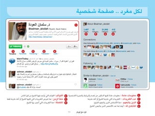 ‫لكل مغرد .. صفحة شخصية‬
                                                                              ‫1‬


                                                                                          ‫2‬          ‫3‬          ‫4‬        ‫5‬




      ‫6‬          ‫7‬           ‫3‬           ‫4‬            ‫5‬




                 ‫معلومات عامة : معلومات عامة كتبها الدكتور عن نفسه والروابط والصورة الشخصية 5 القوائم : القوائم التي تواجد فيها الشيخ من قبل الناس‬      ‫1‬
‫6 خط الزمن : هنا تعرض التغريدات التي كتبها الشيخ أو أعاد نرشها فقط‬                          ‫عدد التغريدات : التغريدات التي نرشها الشيخ أو أعاد نرشها.‬   ‫2‬
                        ‫7 املفضلة : هنا التغريدات التي أعجب بها الشيخ‬                               ‫الذين يتابعهم : هنا األشخاص الذين يتابعهم الشيخ.‬    ‫3‬
                                                                                               ‫املتابعني لك : أيضا هنا عدد األشخص الذين يتابعون الشيخ‬   ‫4‬
                                                                      ‫01‬       ‫غرد مع تويرت‬
                                                                                         ‫ّ‬
 