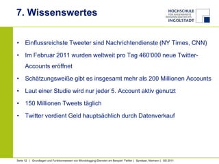 7. Wissenswertes

• Einflussreichste Tweeter sind Nachrichtendienste (NY Times, CNN)

• Im Februar 2011 wurden weltweit pro Tag 460‘000 neue Twitter-
      Accounts eröffnet

• Schätzungsweiße gibt es insgesamt mehr als 200 Millionen Accounts

• Laut einer Studie wird nur jeder 5. Account aktiv genutzt

• 150 Millionen Tweets täglich

• Twitter verdient Geld hauptsächlich durch Datenverkauf




Seite 12 | Grundlagen und Funktionsweisen von Microblogging-Diensten am Beispiel Twitter | Spreitzer, Niemann | SS 2011
 