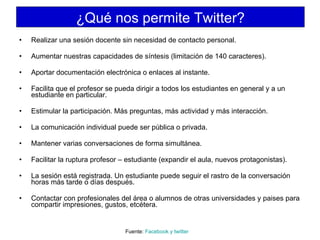 Realizar una sesión docente sin necesidad de contacto personal. Aumentar nuestras capacidades de síntesis (limitación de 140 caracteres).  Aportar documentación electrónica o enlaces al instante.  Facilita que el profesor se pueda dirigir a todos los estudiantes en general y a un estudiante en particular. Estimular la participación. Más preguntas, más actividad y más interacción.  La comunicación individual puede ser pública o privada.  Mantener varias conversaciones de forma simultánea. Facilitar la ruptura profesor – estudiante (expandir el aula, nuevos protagonistas).  La sesión está registrada. Un estudiante puede seguir el rastro de la conversación horas más tarde o días después. Contactar con profesionales del área o alumnos de otras universidades y paises para compartir impresiones, gustos, etcétera. ¿Qué nos permite Twitter? Fuente:  Facebook  y  twitter 