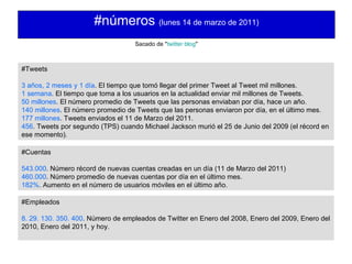 #números  (lunes 14 de marzo de 2011) #Tweets 3 años, 2 meses y 1 día . El tiempo que tomó llegar del primer Tweet al Tweet mil millones. 1 semana . El tiempo que toma a los usuarios en la actualidad enviar mil millones de Tweets. 50 millones . El número promedio de Tweets que las personas enviaban por día, hace un año. 140 millones . El número promedio de Tweets que las personas enviaron por día, en el último mes. 177 millones . Tweets enviados el 11 de Marzo del 2011. 456 . Tweets por segundo (TPS) cuando Michael Jackson murió el 25 de Junio del 2009 (el récord en ese momento). #Cuentas 543.000 . Número récord de nuevas cuentas creadas en un día (11 de Marzo del 2011) 460.000 . Número promedio de nuevas cuentas por día en el último mes. 182% . Aumento en el número de usuarios móviles en el último año. #Empleados 8. 29. 130. 350. 400 . Número de empleados de Twitter en Enero del 2008, Enero del 2009, Enero del 2010, Enero del 2011, y hoy.  Sacado de " twitter blog " 