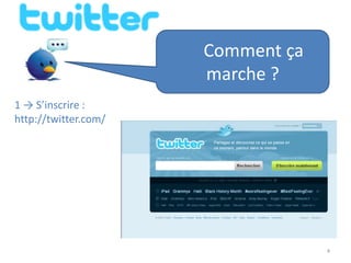 Comment ça
                      marche ?
1 → S’inscrire :
http://twitter.com/




                                   4
 
