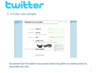 2 → Créer son compte




 Au moment de l’inscription vous pouvez choisir de garder vos tweets privés ou
 accessibles par tous
                                                                                 5
 