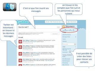 Onon trouve ici les
                C’est ici que l’on inscrit ses   comptes que l’on suit et
                          messages                les personnes qui nous
                                                          suivent



 Twitter est
instantané :
on trouve ici
les derniers
 messages




                                                                    Il est possible de
                                                                     créer des listes
                                                                     pour classer ses
                                                                         contacts

                                                                                 6
 