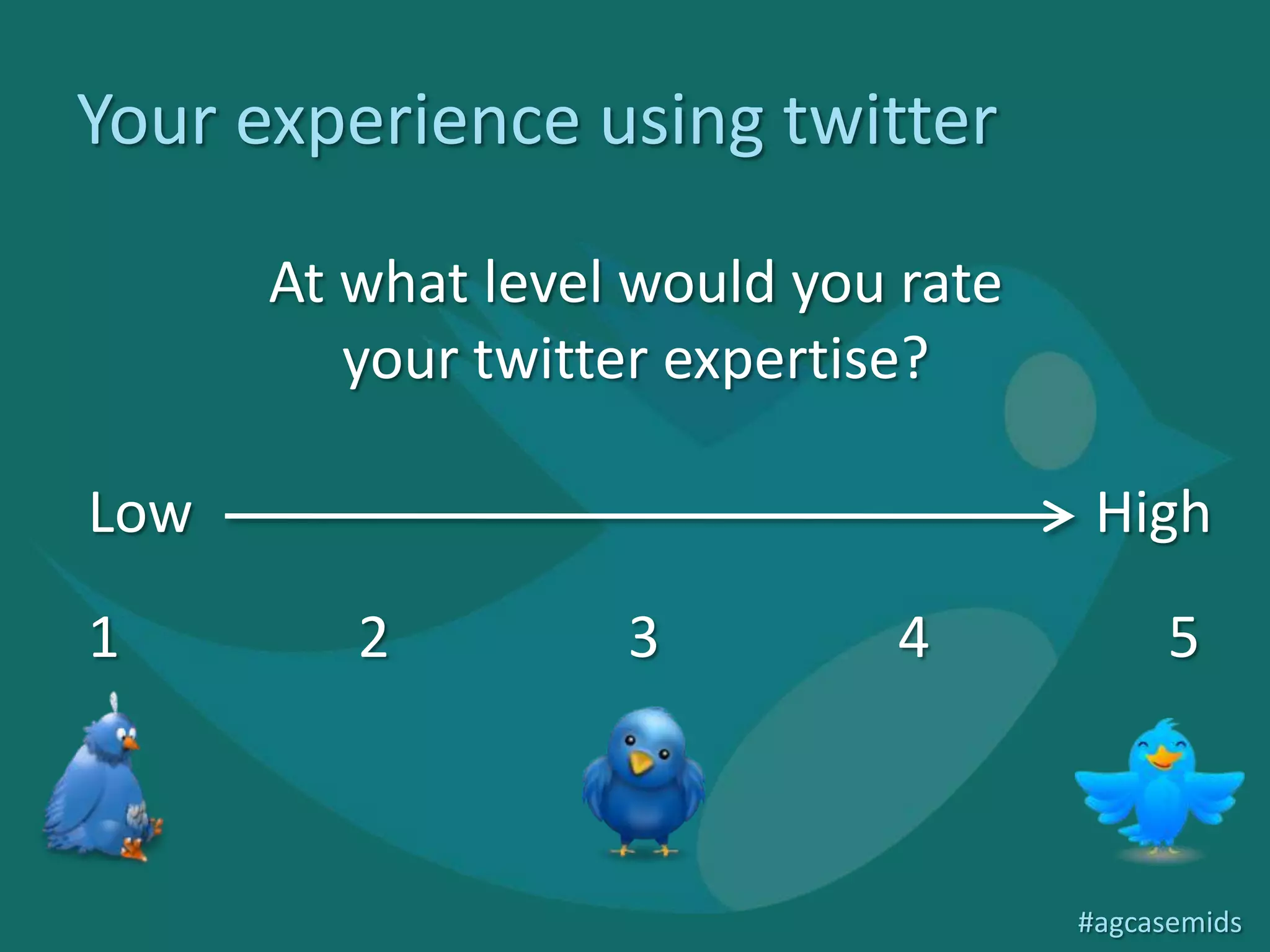 What is Twitter?
 Updates – 140      Knowledge sharing
 Characters
                    Collaboration
 Follow
 If interesting     Keepup-to-date
 enough…Followers   Promoting


                         Not
                         following
                         celebrities!
                                 #agcasemids
 