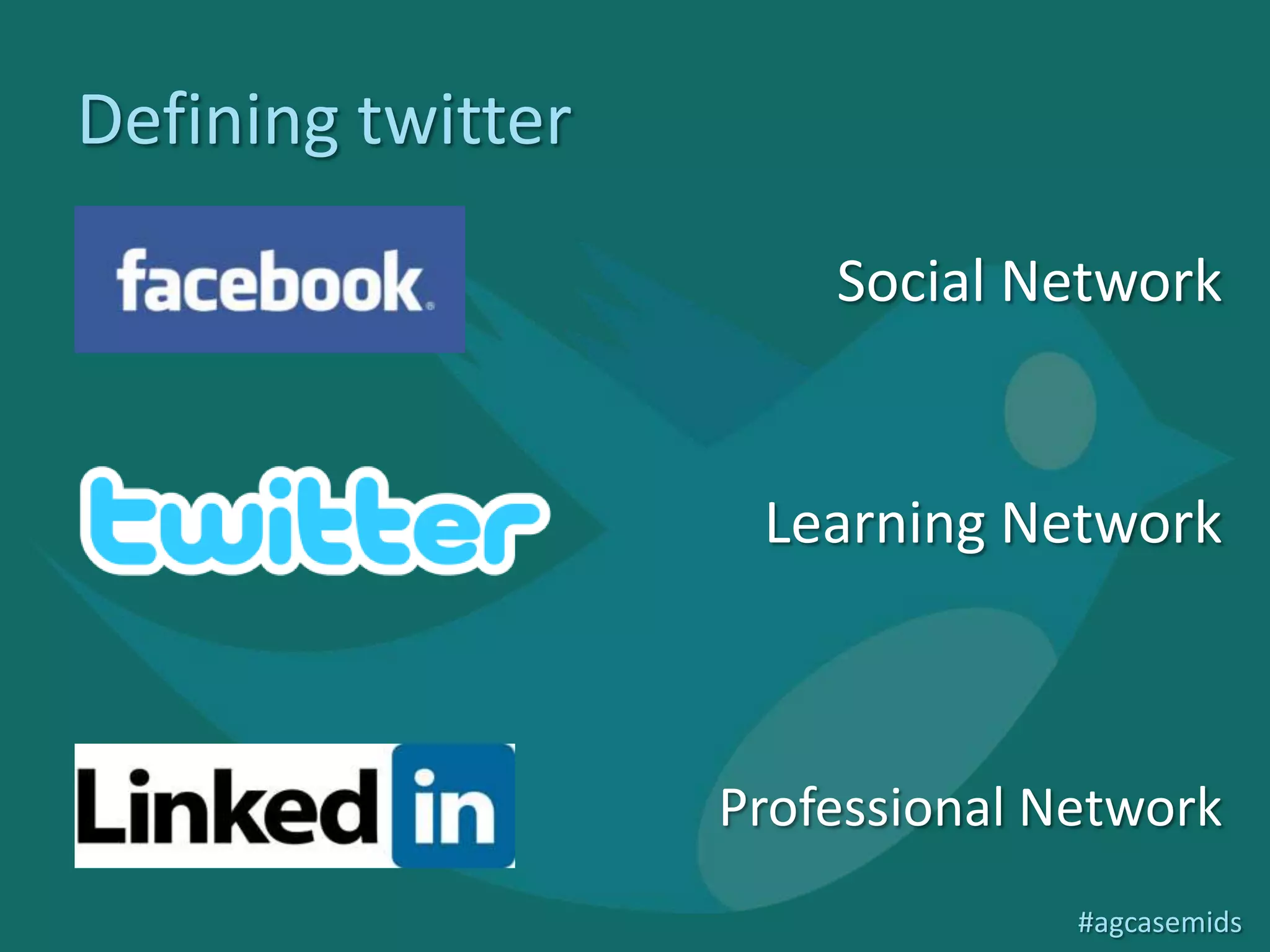 Defining twitter

                       Social Network


                    Learning Network



                   Professional Network
                                 #agcasemids
 