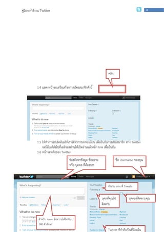 คู่มือการใช้งาน Twitter                                                                                 4




                                                                         คลิก


            1.4 แสดงหน้าจอเสร็จเสร็จการสมัครสมาชิกดังนี้




            1.5 ให้ทาการไปเช็คอีเมล์ที่เราได้ทาการลงทะเบียน เพื่อยืนยันการเป็นสมาชิก ทาง Twitter
                จะมีอีเมล์ส่งไปที่เมล์ของท่านให้เปิดอ่านแล้วคลิก link เพื่อยืนยัน
            1.6 หน้าจอหลักของ Twitter
                                          ช่องค้นหาข้อมูล ข้อความ               ชื่อ Username ของคุณ
                                          หรือ บุคคล ที่ต้องการ



                                                                         จานวน sms ที่ Tweets


                                                                    บุคลที่คุณไป          บุคคลที่ติดตามคุณ
                                                                    ติดตาม
                                                                    ติดตาม ่
                 กลุ่มเผยแพร่และพัฒนาบุคลากรด้านเทคโนโลยี | สานักเทคโนโลยีเพือการเรียนการสอน

             สาหรับ Tweets ข้อความได้ไม่เกิน
             140 ตัวอักษร
                                                                         Twitter ทีกาลังเป็นที่นิยมใน
 