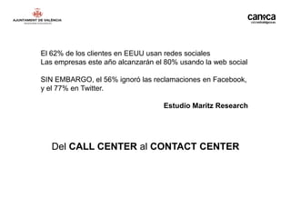 El 62% de los clientes en EEUU usan redes sociales
Las empresas este año alcanzarán el 80% usando la web social

SIN EMBARGO, el 56% ignoró las reclamaciones en Facebook,
y el 77% en Twitter.

                                   Estudio Maritz Research




   Del CALL CENTER al CONTACT CENTER
 