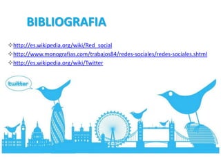BIBLIOGRAFIA
http://es.wikipedia.org/wiki/Red_social
http://www.monografias.com/trabajos84/redes-sociales/redes-sociales.shtml
http://es.wikipedia.org/wiki/Twitter
 