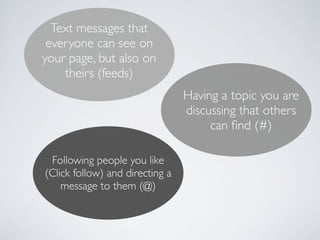 Text messages that
 everyone can see on
your page, but also on
    theirs (feeds)
                                 Having a topic you are
                                 discussing that others
                                      can ﬁnd (#)

 Following people you like
(Click follow) and directing a
    message to them (@)
 