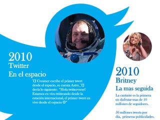 2010
Twitter
En el espacio
TJ Creamer escribe el primer tweet
desde el espacio, su cuenta Astro_TJ
decía lo siguiente: “Hola twitterverse!
Estamos en vivo twitteando desde la
estación internacional, el primer tweet en
vivo desde el espacio ”
2010
Britney
La mas seguida
La cantante es la primera
en disfrutar mas de 10
millones de seguidores.
50 millones tweets por
día, primeras publicidades.
 