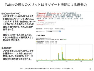 Twitterの最大のメリットはリツイート機能による爆発力

イーンスパイア(株) 横田秀珠の著作権を尊重しつつ、是非ノウハウはシェアして行きましょう。

22

 