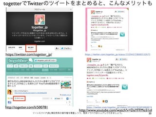 togetterでTwitterのツイートをまとめると、こんなメリットも

https://twitter.com/togetter_jp/

http://togetter.com/li/500781

https://twitter.com/togetter_jp/status/333943728085532673

https://twitter.com/togetter_jp/status/333193783493660674

http://www.youtube.com/watch?v=DaYFFMo51oI

イーンスパイア(株) 横田秀珠の著作権を尊重しつつ、是非ノウハウはシェアして行きましょう。

30

 