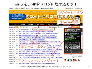 Twitterを、HPやブログに埋め込もう！
①ツイートボタン
④twinavi登録

②フォローボタン

③プロフィールウィジェット
イーンスパイア(株) 横田秀珠の著作権を尊重しつつ、是非ノウハウはシェアして行きましょう。

31

 