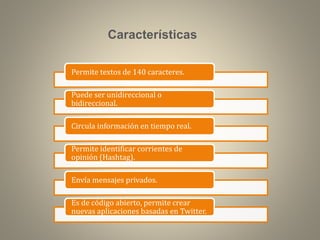Características
Permite textos de 140 caracteres.
Puede ser unidireccional o
bidireccional.
Circula información en tiempo real.

Permite identificar corrientes de
opinión (Hashtag).
Envía mensajes privados.
Es de código abierto, permite crear
nuevas aplicaciones basadas en Twitter.

 