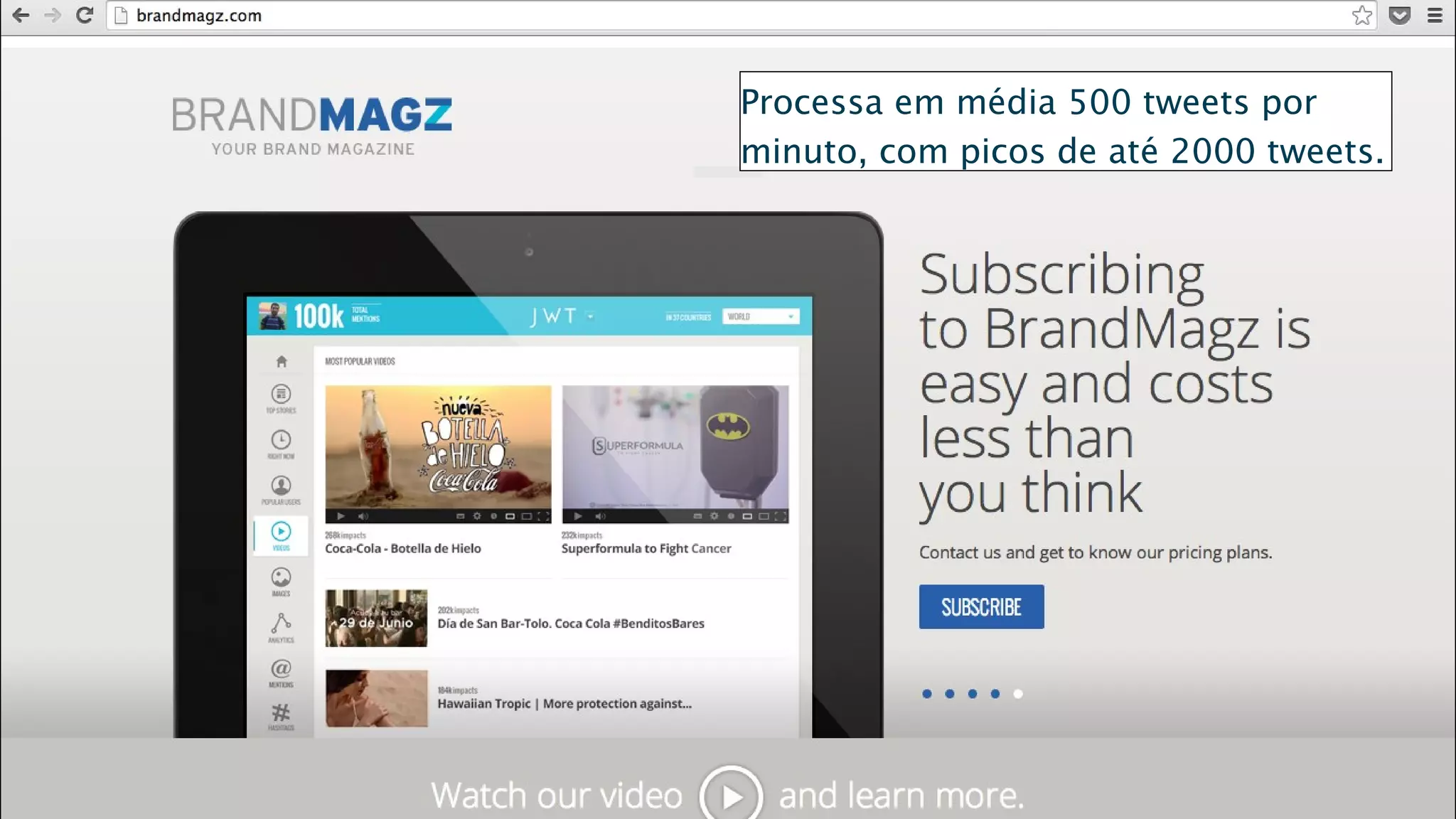 Processa em média 500 tweets por
minuto, com picos de até 2000 tweets.
Saturday, August 9, 14
 