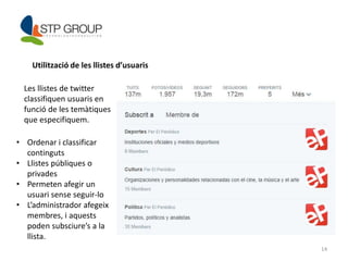 14 
Utilització de les llistes d’usuaris 
Les llistes de twitter 
classifiquen usuaris en 
funció de les temàtiques 
que especifiquem. 
• Ordenar i classificar 
continguts 
• Llistes públiques o 
privades 
• Permeten afegir un 
usuari sense seguir-lo 
• L’administrador afegeix 
membres, i aquests 
poden subsciure’s a la 
llista. 
 