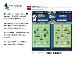 19 
Els enllaços a twitter resten 22 
caràcters dels 140 totals dels 
que disposem per escriure. 
Les imatges a twitter resten 23 
caràcters dels 140 totals dels 
que disposem per escriure. 
Els #hasthags i les mencions van 
en funció dels caràcters que 
tinguin. 
Els espais en blanc compten 
com a caràcters utilitzats. 
 
