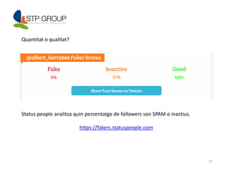 25 
Quantitat o qualitat? 
Status people analitza quin percentatge de followers son SPAM o inactius. 
https://fakers.statuspeople.com 
 