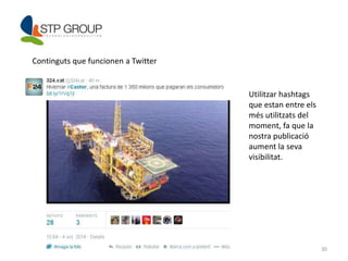 30 
Continguts que funcionen a Twitter 
Utilitzar hashtags 
que estan entre els 
més utilitzats del 
moment, fa que la 
nostra publicació 
aument la seva 
visibilitat. 
 
