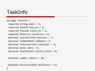 TaskInfo
message TaskInfo {
required string name = 1;
required TaskID task_id = 2;
required SlaveID slave_id = 3;
repeated Resource resources = 4;
optional ExecutorInfo executor = 5;
optional CommandInfo command = 7;
optional ContainerInfo container = 9;
optional bytes data = 6;
optional HealthCheck health_check = 8;
optional Labels labels = 10;
optional DiscoveryInfo discovery = 11;
}
 
