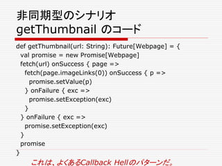 非同期型のシナリオ
getThumbnail のコード
def getThumbnail(url: String): Future[Webpage] = {
val promise = new Promise[Webpage]
fetch(url) onSuccess { page =>
fetch(page.imageLinks(0)) onSuccess { p =>
promise.setValue(p)
} onFailure { exc =>
promise.setException(exc)
}
} onFailure { exc =>
promise.setException(exc)
}
promise
}
これは、よくあるCallback Hellのパターンだ。
 