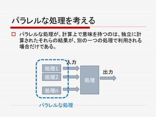 パラレルな処理を考える
 パラレルな処理が、計算上で意味を持つのは、独立に計
算されたそれらの結果が、別の一つの処理で利用される
場合だけである。
処理
出力
処理1
処理2
処理n
入力
パラレルな処理
 