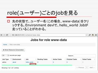 role(ユーザー)ごとのjobを見る
 先の状態で、ユーザー名（この場合、www-data）をクリ
ックする。Environment devlで、hello_world Jobが
走っていることがわかる。
 
