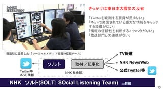 NHK　ソルト(SOLT: SOcial Listening Team)　→詳細
きっかけは東日本大震災の反省
「Twitterを観測する要員が足りない」
「ネットで発信されている膨大な情報をキャッチ
する設備がない」
「情報の信頼性を判断するノウハウがない」
「放送部門との連携がない」
ソルト 取材／記事化
TV報道
NHK NewsWeb
NHK 社会部Twitter等
ネット情報
公式Twitter等
13
 