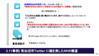 3.11事例) 気仙沼市Twitter に端を発したNHK報道
宮城県気仙沼市役所 が唯一ツイッターを使って
「津波がまもなく来ます」「市街地で火災が起きている模様」 情報を発信
（夜に情報途絶える...）
「○○市の公民館に取り残されています。助けてください」 といった SOS メッ
セージを探す
その中に
「気仙沼市の中央公民館に児童を含めた400 人余りが取り残されている。助け
て」公民館に取り残された母親の窮状を知ったロンドン在住の男性のツイート発
見
多くのTwitter RT(リツイート）と共に、NHKも原稿化
東京消防庁 早急救出につながる
14
NHK記者
 