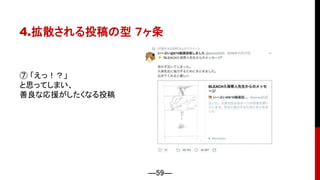 ―59―
4.拡散される投稿の型 ７ヶ条
⑦ 「えっ！？」
と思ってしまい、
善良な応援がしたくなる投稿
 