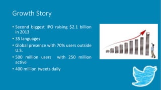 Growth Story
• Second biggest IPO raising $2.1 billion
in 2013
• 35 languages
• Global presence with 70% users outside
U.S.
• 500 million users with 250 million
active
• 400 million tweets daily
 