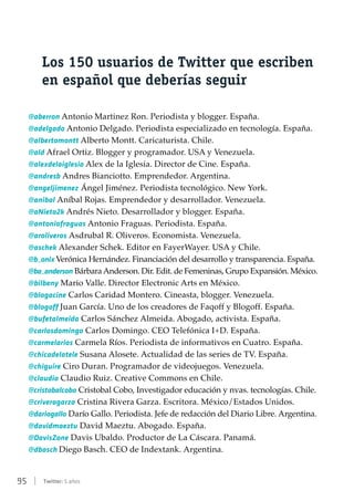 95 | Twitter: 5 años
Los 150 usuarios de Twitter que escriben
en español que deberías seguir
@aberron Antonio Martinez Ron. Periodista y blogger. España.
@adelgado Antonio Delgado. Periodista especializado en tecnología. España.
@albertomontt Alberto Montt. Caricaturista. Chile.
@ald Afrael Ortiz. Blogger y programador. USA y Venezuela.
@alexdelaiglesia Alex de la Iglesia. Director de Cine. España.
@andresb Andres Bianciotto. Emprendedor. Argentina.
@angeljimenez Ángel Jiménez. Periodista tecnológico. New York.
@anibal Aníbal Rojas. Emprendedor y desarrollador. Venezuela.
@aNieto2k Andrés Nieto. Desarrollador y blogger. España.
@antoniofraguas Antonio Fraguas. Periodista. España.
@aroliveros Asdrubal R. Oliveros. Economista. Venezuela.
@aschek Alexander Schek. Editor en FayerWayer. USA y Chile.
@b_onix Verónica Hernández. Financiación del desarrollo y transparencia. España.
@ba_anderson Bárbara Anderson. Dir. Edit. de Femeninas, Grupo Expansión. México.
@bilbeny Mario Valle. Director Electronic Arts en México.
@blogacine Carlos Caridad Montero. Cineasta, blogger. Venezuela.
@blogoff Juan García. Uno de los creadores de Faqoff y Blogoff. España.
@bufetalmeida Carlos Sánchez Almeida. Abogado, activista. España.
@carlosdomingo Carlos Domingo. CEO Telefónica I+D. España.
@carmelarios Carmela Ríos. Periodista de informativos en Cuatro. España.
@chicadelatele Susana Alosete. Actualidad de las series de TV. España.
@chiguire Ciro Duran. Programador de videojuegos. Venezuela.
@claudio Claudio Ruiz. Creative Commons en Chile.
@cristobalcobo Cristobal Cobo, Investigador educación y nvas. tecnologías. Chile.
@criveragarza Cristina Rivera Garza. Escritora. México/Estados Unidos.
@dariogallo Darío Gallo. Periodista. Jefe de redacción del Diario Libre. Argentina.
@davidmaeztu David Maeztu. Abogado. España.
@DavisZone Davis Ubaldo. Productor de La Cáscara. Panamá.
@dbasch Diego Basch. CEO de Indextank. Argentina.
 