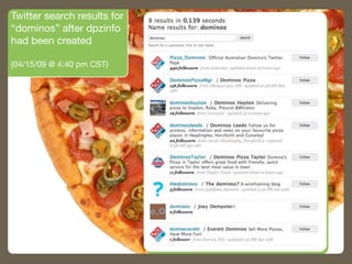 Twitter search results for
“dominos” after dpzinfo
had been created 

(04/15/09 @ 4:40 pm CST)
 