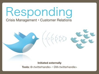 Crisis Management • Customer Relations
Responding
Tools: @<twitterhandle> • DM<twitterhandle>
Initiated externally
 