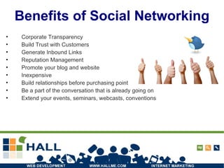 Corporate Transparency Build Trust with Customers Generate Inbound Links Reputation Management Promote your blog and website Inexpensive Build relationships before purchasing point Be a part of the conversation that is already going on Extend your events, seminars, webcasts, conventions Benefits of Social Networking 