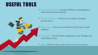 • Moz Followerwonk –Analyse followers,demographics,
interest and social authority.
• Twitter Analytics – Monitor and analyse campaign
performance.
• Rapportive – Uncover new followers from your email
database.
• HootSuite – Social media management tool. Manage and
scheduling tweets
• Bitly – Shorten links to get more out of your tweet.
USEFUL TOOLS
 