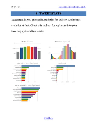 10 | P a g e T w i t t e r T o o l s B o o k . c o m 
8. TWEETSTATS 
Tweetstats is, you guessed it, statistics for Twitter. And robust statistics at that. Check this tool out for a glimpse into your tweeting style and tendancies. 
 