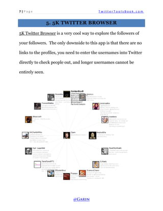 7 | P a g e T w i t t e r T o o l s B o o k . c o m 
5. 5K TWITTER BROWSER 
5K Twitter Browser is a very cool way to explore the followers of your followers. The only downside to this app is that there are no links to the profiles, you need to enter the usernames into Twitter directly to check people out, and longer usernames cannot be entirely seen. 
 