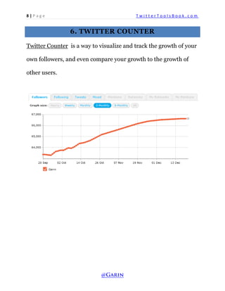 8 | P a g e T w i t t e r T o o l s B o o k . c o m 
6. TWITTER COUNTER 
Twitter Counter is a way to visualize and track the growth of your own followers, and even compare your growth to the growth of other users. 
 