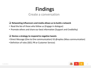 Findings
                                 Create a conversation

              Retweeting influencers and media allows us to build a network
             • Read the bio of those who follow us (Engage in dialogue)
             • Promote others and share our best information (Support and Credibility)

              Devise a strategy to respond to negative tweets
             • Direct Message (One to One communication) VS @replies (Mass communication)
             • Definition of roles (SEO, PR or Customer Service)




11/26/2011                                                                                  20
 
