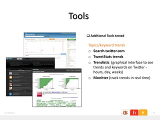Tools
                  Additional Tools tested

                  Topics/keyword trends
                  o Search.twitter.com
                  o TweetStats trends
                  o Trendistic (graphical interface to see
                     trends and keywords on Twitter -
                     hours, day, weeks)
                  o Monitter (track trends in real time)




11/26/2011                                               22
 