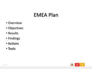 EMEA Plan
     • Overview
     • Objectives
     • Results
     • Findings
     • Actions
     • Tools



11/26/2011                      3
 