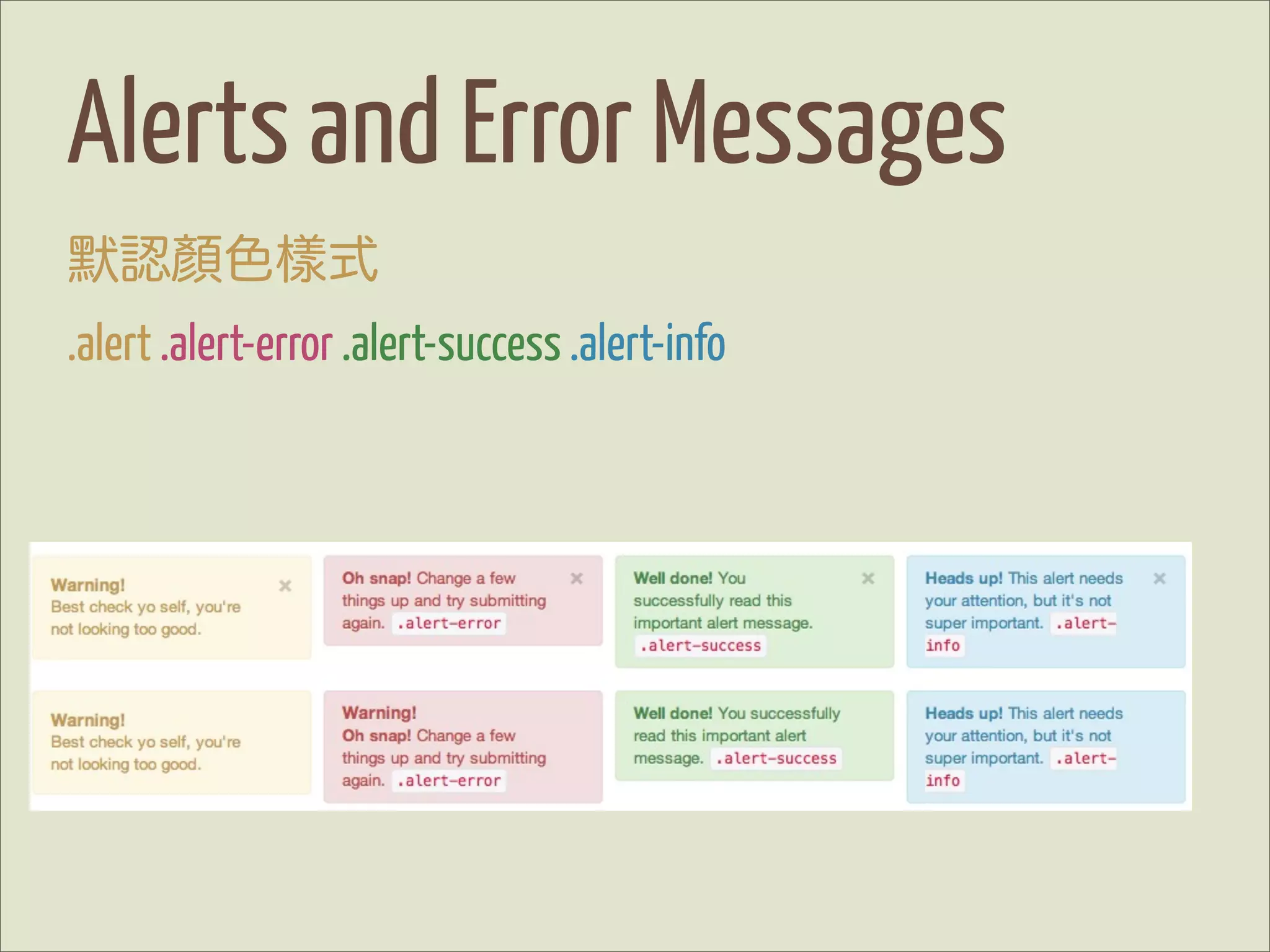 Alerts and Error Messages
默認顏色樣式
.alert .alert-error .alert-success .alert-info
 