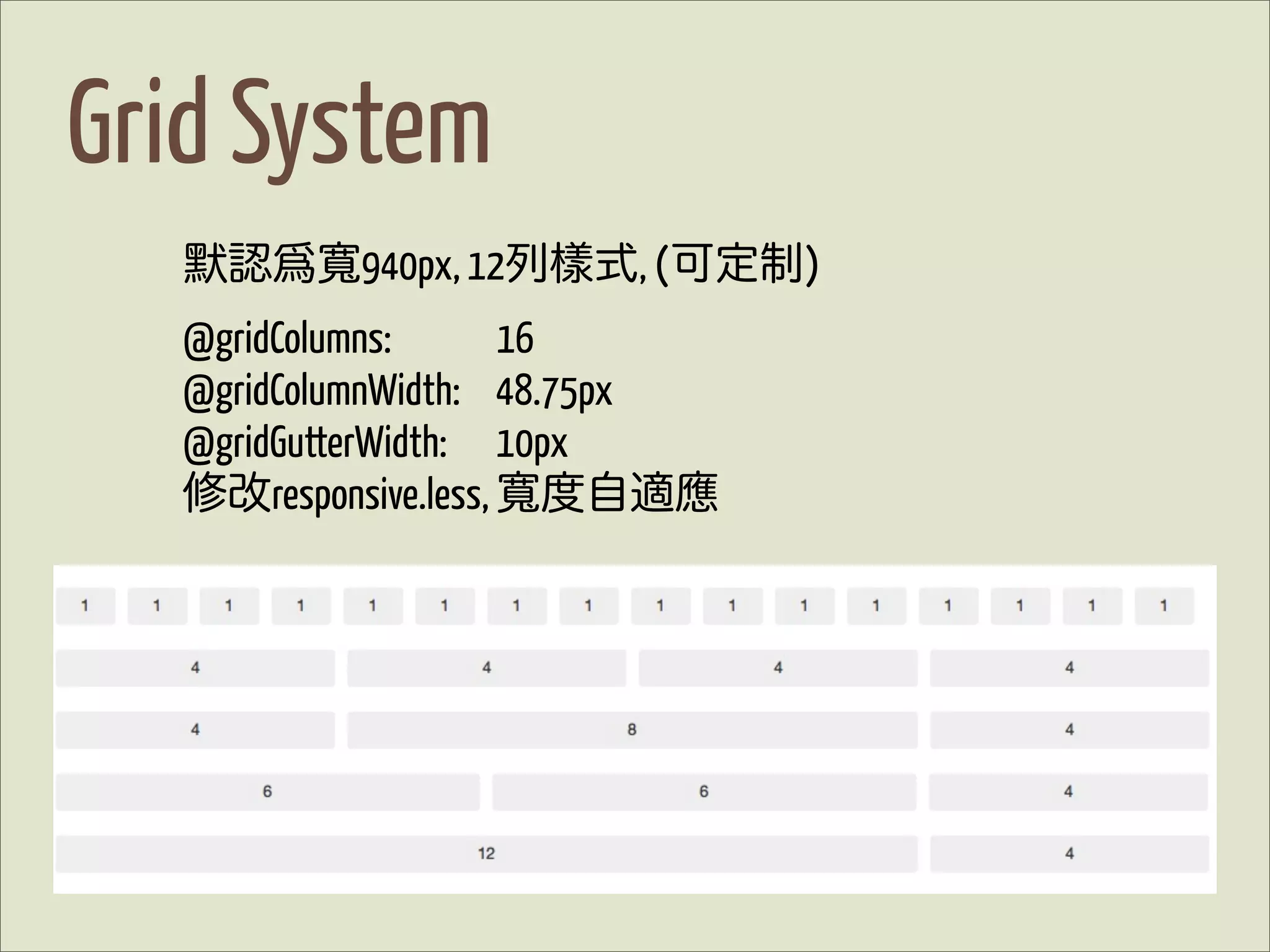 Grid System
   默認爲    940px, 12列樣式, (可定制)
  @gridColumns:     16
  @gridColumnWidth: 48.75px
  @gridGutterWidth: 10px
  修改responsive.less, 度自適應
 