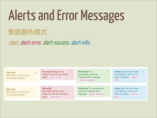 Alerts and Error Messages
默認顏色樣式
.alert .alert-error .alert-success .alert-info
 