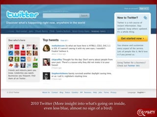 2010 Twitter (More insight into what’s going on inside,
       even less blue, almost no sign of a bird)
 
