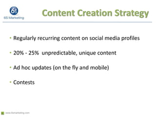 Content Creation Strategy<br />Regularly recurring content on social media profiles<br />20% - 25%  unpredictable, unique ...