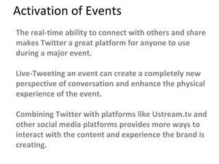 Twitter Tools for Business TweetDeck (Track, monitor and converse) HootSuite   (Track, monitor,  engage and incorporate  multiple users) CoTweet   (Track, monitor,  incorporate multiple users) 