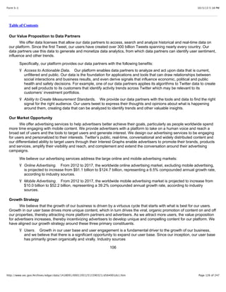 10/3/13 5:18 PMForm S-1
Page 126 of 247http://www.sec.gov/Archives/edgar/data/1418091/000119312513390321/d564001ds1.htm
Table of Contents
Our Value Proposition to Data Partners
We offer data licenses that allow our data partners to access, search and analyze historical and real-time data on
our platform. Since the first Tweet, our users have created over 300 billion Tweets spanning nearly every country. Our
data partners use this data to generate and monetize data analytics, from which data partners can identify user sentiment,
influence and other trends.
Specifically, our platform provides our data partners with the following benefits:
Ÿ Access to Actionable Data. Our platform enables data partners to analyze and act upon data that is current,
unfiltered and public. Our data is the foundation for applications and tools that can draw relationships between
social interactions and business results, and even derive signals that influence economic, political and public
health and safety decisions. For example, one of our data partners applies its algorithms to Twitter data to create
and sell products to its customers that identify activity trends across Twitter which may be relevant to its
customers’ investment portfolios.
Ÿ Ability to Create Measurement Standards. We provide our data partners with the tools and data to find the right
signal for the right audience. Our users tweet to express their thoughts and opinions about what is happening
around them, creating data that can be analyzed to identify trends and other valuable insights.
Our Market Opportunity
We offer advertising services to help advertisers better achieve their goals, particularly as people worldwide spend
more time engaging with mobile content. We provide advertisers with a platform to take on a human voice and reach a
broad set of users and the tools to target users and generate interest. We design our advertising services to be engaging
for users and personalized to their interests. Twitter’s public, real-time, conversational and widely distributed content and
our differentiated ability to target users through their Interest Graphs enable advertisers to promote their brands, products
and services, amplify their visibility and reach, and complement and extend the conversation around their advertising
campaigns.
We believe our advertising services address the large online and mobile advertising markets:
Ÿ Online Advertising. From 2012 to 2017, the worldwide online advertising market, excluding mobile advertising,
is projected to increase from $91.1 billion to $124.7 billion, representing a 6.5% compounded annual growth rate,
according to industry sources.
Ÿ Mobile Advertising. From 2012 to 2017, the worldwide mobile advertising market is projected to increase from
$10.0 billion to $52.2 billion, representing a 39.2% compounded annual growth rate, according to industry
sources.
Growth Strategy
We believe that the growth of our business is driven by a virtuous cycle that starts with what is best for our users.
Growth in our user base drives more unique content, which in turn drives the viral, organic promotion of content on and off
our properties, thereby attracting more platform partners and advertisers. As we attract more users, the value proposition
for advertisers increases, thereby incentivizing advertisers to develop unique and compelling content for our platform. We
have aligned our growth strategy around these three primary constituents.
Ÿ Users. Growth in our user base and user engagement is a fundamental driver to the growth of our business,
and we believe that there is a significant opportunity to expand our user base. Since our inception, our user base
has primarily grown organically and virally. Industry sources
106
 